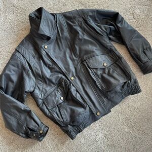 Men’s (L) Black Leather Coat, Jacket - Full Button Down and Zipper. No Lining.